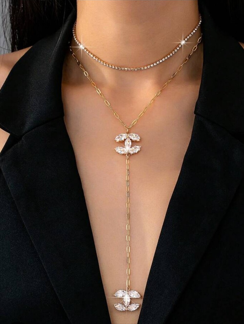 Gold Y-Shaped Fashion CC Crystal Pendant Necklace - Elegant & Chic